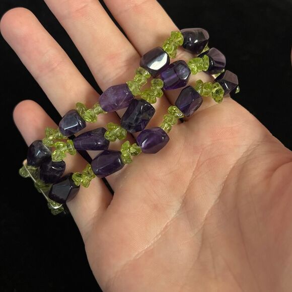 Vintage Handmade DTR China 925 Sterling Amethyst +Peridot Chip 3 Strand Bracelet - Picture 2 of 5